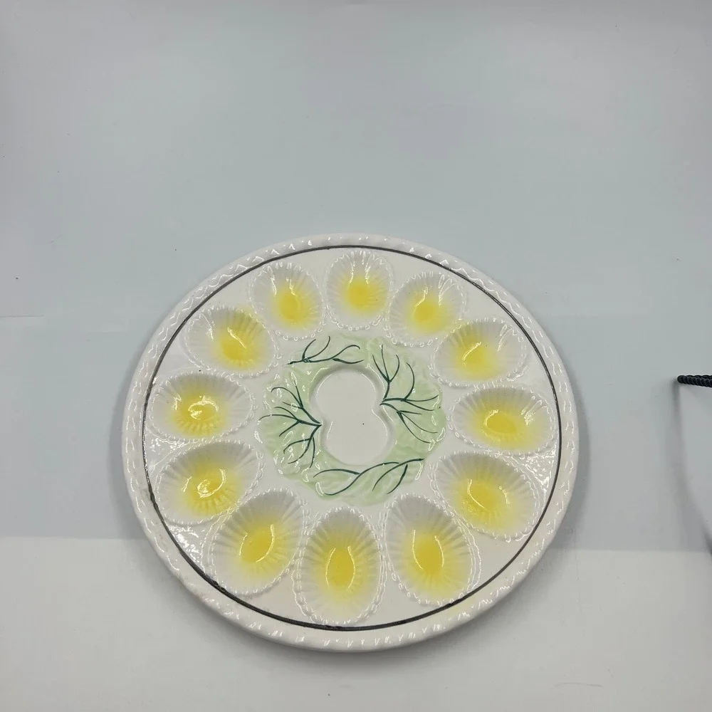 Vintage Ceramic Deviled Egg Platter 12 Wells Yellow Green Leaf Detail 11 Inch